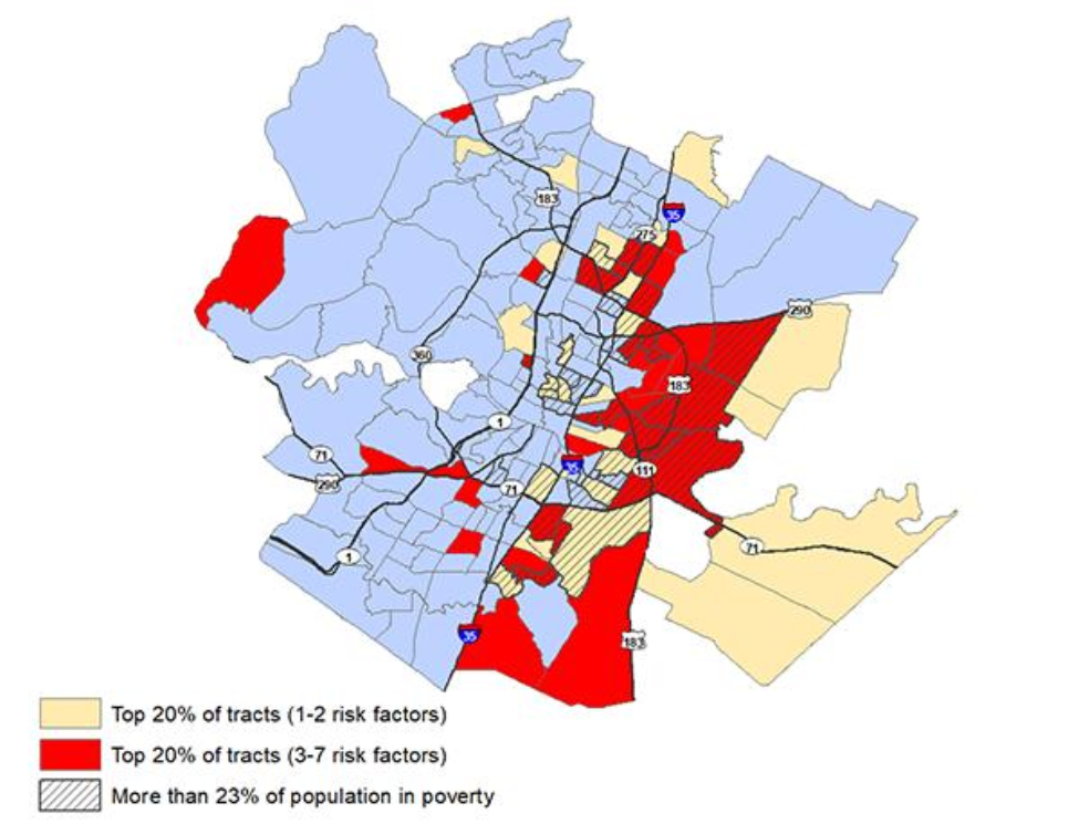 Areas in Austin where residents have the highest concentration of risk factors for developing severe cases of COVID-19 are located predominately in East and North Austin. Much of this population lives in poverty. Image by UTHealth.